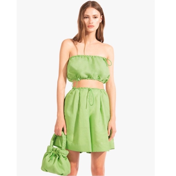 STAUD Lime Green High Rise Drawstring Waist Relaxed Fit Sporty Nylon Shorts S - Picture 2 of 6